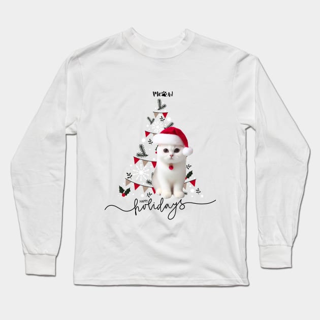 Cat Meaw in Santa hat with christmas tree happy holidays ,Brafdesign Long Sleeve T-Shirt by Brafdesign